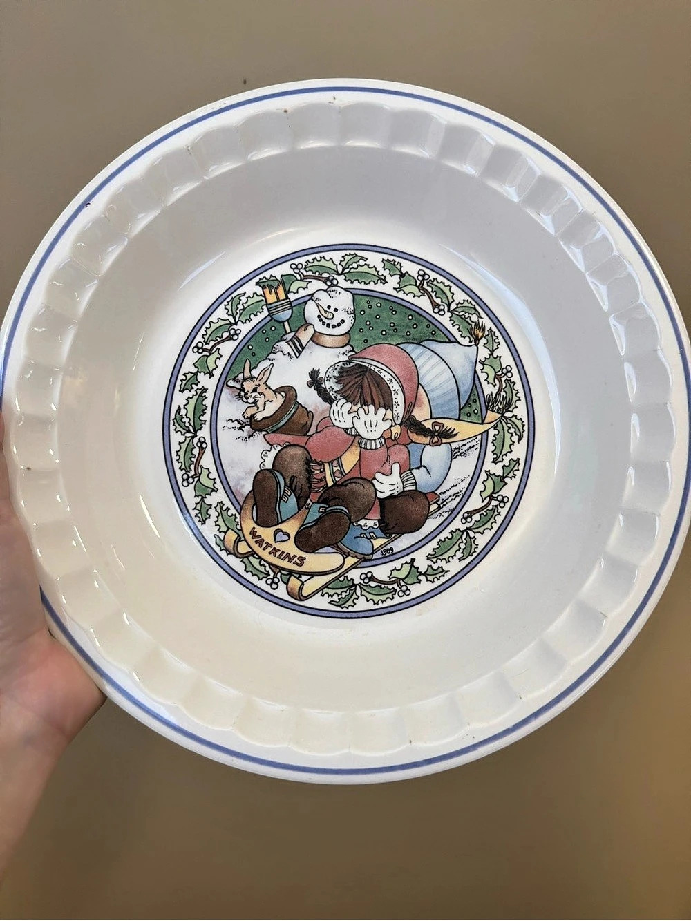WATKINS Vintage Country Kids Collector's Recipe Pie Plate 1989 "Snow Magic"